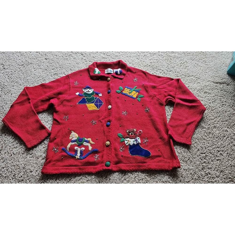 Paul Harris Design Red Christmas Cardigan Beaded Embroidered Toy Sweater Kitschy